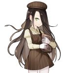  1girl blvefo9 book brown_dress brown_hair brown_hat brown_shirt collared_shirt dress dress_shirt gloves green_eyes hair_over_one_eye hat holding holding_book juliet_sleeves long_hair long_sleeves monita_cage otome_no_tokuisei pantyhose puffy_sleeves revision shirt simple_background sleeveless sleeveless_dress solo standing striped_clothes striped_dress striped_headwear vertical-striped_clothes vertical-striped_dress vertical-striped_headwear very_long_hair white_background white_gloves white_pantyhose 