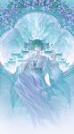  1girl absurdres alternate_costume alternate_hairstyle aqua_eyes aqua_hair architecture bird bug butterfly chinese_clothes chinese_commentary commentary_request dress duijin_ruqun east_asian_architecture flower full_body green_eyes green_hair hagoromo hair_between_eyes hair_flower hair_ornament hand_fan hanfu hatsune_miku highres holding holding_fan huipai_architecture jewelry lantern long_sleeves looking_at_viewer mountain necklace paper_fan parted_lips purple_flower san_wu_mao_liang sash see-through_clothes see-through_sleeves shawl short_hair sitting smile solo tuanshan twintails uchiwa vocaloid 