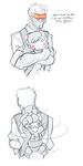  2boys :3 baby baby_carrier babywearing chibi child d.va_(gremlin) d.va_(overwatch) english facepaint facial_mark fatherly highres lucio_(overwatch) meme monochrome motion_lines multiple_boys overwatch sketch soldier:_76_(overwatch) speech_bubble spot_color visor whisker_markings white_background younger 