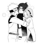  1girl 2boys :< =_= bike_shorts bkg0303 closed_eyes commentary_request dress forehead_protector frown greyscale hairband haruno_sakura headband highres hug jacket konohagakure_symbol korean_commentary monochrome multiple_boys naruto_(classic) naruto_(series) open_mouth ponytail short_hair shorts_under_dress spiked_hair team_7_(naruto) uchiha_sasuke uzumaki_naruto 