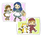  1boy 2girls :d animal apron bag black_pantyhose blonde_hair blue_eyes blue_hair boots brown_boots brown_hair brown_hat brown_jacket brown_pants brown_shoes brown_skirt chibi commentary_request grey_shirt grey_skirt hat holding holding_bag jacket kabiinyo_(kab) multiple_girls necktie newsboy_cap original pants pantyhose purple_necktie shirt shoes skirt smile torn_clothes torn_skirt white_apron white_shirt 