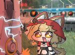  1girl animal_ear_fluff animal_ears arknights arknights:_endfield beleullin black_gloves blonde_hair chibi chibi_only commentary_request fang gloves highres hood korean_commentary nervous_sweating open_mouth rossi_(arknights) skin_fang sweat tail wolf_ears wolf_girl wolf_tail yellow_eyes 
