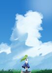  1girl absurdres arms_behind_back blue_skirt blue_sky cloud commentary_request cumulonimbus_cloud day detached_sleeves facing_away from_behind full_body gasubanana grass green_hair hair_tubes highres kochiya_sanae outdoors scenery shirt single_hair_tube skirt sky sleeveless sleeveless_shirt solo touhou white_shirt 