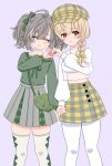  2girls ^_^ absurdres ahoge ando_tazusa animal_bag argyle_clothes argyle_skirt argyle_thighhighs assault_lily bag blonde_hair blush bow braid braided_ponytail breasts closed_eyes closed_mouth commentary_request crop_top feet_out_of_frame fish_bag green_bow green_ribbon green_shirt grey_hair grey_skirt hair_between_eyes hair_bow hair_over_shoulder hand_up hat heads_together heart heart_hands heart_hands_duo highres holding_hands jamhati jewelry long_hair long_sleeves looking_at_viewer medium_breasts midriff multiple_girls navel necklace newsboy_cap official_alternate_costume official_alternate_hairstyle pantyhose plaid_hat purple_background red_eyes ribbon sasaki_ran see-through_clothes see-through_shirt shirt short_hair shoulder_bag side-by-side simple_background single_braid skirt smile standing thighhighs twintails white_pantyhose white_shirt white_thighhighs yellow_bow yellow_hat yellow_skirt zettai_ryouiki 