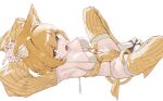  1girl animal_ear_fluff animal_ears armpits arms_behind_head arms_up bikini blonde_hair breasts cat_ears cat_girl cat_tail commentary detached_sleeves from_side full_body highres knees_apart_feet_together large_breasts loincloth looking_to_the_side lying nmm on_back open_mouth original platform_sandals sandals short_hair sideboob simple_background socks solo swimsuit tail thighhighs white_background 