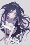  1girl absurdres ahoge animal_ears animal_print apron bell black_hair breasts cleavage closed_mouth colored_inner_animal_ears colored_inner_hair cow_ears cow_print cow_print_thighhighs from_above full_body gouyoku_(greeding043) grey_background hairband high_heels highres large_breasts long_hair looking_at_viewer maid maid_apron maid_headdress multicolored_hair neck_bell nijisanji one_eye_covered print_thighhighs purple_eyes purple_hair purple_hairband simple_background sitting solo thighhighs virtual_youtuber wariza yagyu_shino 