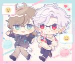  2boys :3 :d :q ahoge arm_up belt black_pants black_shirt black_shoes blue_border blue_eyes blush border brown_hair brown_pants brown_shoes buttons cellphone chibi chibi_only closed_mouth coffee collared_shirt commentary_request confetti crossed_bangs cup disposable_cup drinking_straw ear_piercing earrings emoji fanny_pack floral_print food glasses gold_earrings gradient_border grey_shirt grid_background hair_between_eyes heart heart-shaped_food holding holding_cup holding_phone iced_coffee jewelry kanae_(nijisanji) kuzuha_(nijisanji) layered_sleeves licking_lips long_sleeves looking_at_viewer macaron male_focus medium_hair mole mole_under_eye multiple_boys necklace nijisanji open_mouth outline outside_border outstretched_arm pants parted_bangs phone piercing pink_border plaid_clothes plaid_shirt pocket pointing pointy_ears puffy_long_sleeves puffy_sleeves puzzle_piece red_eyes rose_print round_eyewear shirt shirt_tucked_in shoes short_hair short_over_long_sleeves short_sleeves smartphone smartphone_case smile speech_bubble sweater tongue tongue_out virtual_youtuber watch whipped_cream white_background white_belt white_hair white_outline white_sweater wristwatch yanagi_(sham0o081) 