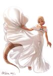  1girl alternate_costume alternate_hairstyle arm_up bare_shoulders blonde_hair braid braided_bun breasts clothes_lift commentary_request dress dress_lift full_body hair_bun highres kashisu_mint kemono_friends king_cobra_(kemono_friends) large_breasts lifting_own_clothes light_smile long_hair looking_at_viewer multicolored_eyes multicolored_hair off-shoulder_dress off_shoulder orange_eyes parted_lips pink_hair see-through_clothes see-through_dress see-through_silhouette shoes simple_background single_hair_bun snake_tail solo standing straight-on tail tan thigh_gap two-tone_eyes two-tone_hair very_long_tail white_background white_dress white_shoes yellow_eyes 