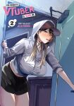  1girl absurdres artist_name baseball_cap black_hair black_shorts blue_eyes blush breasts brown_hair brown_hat choker closed_mouth copyright_name cover cover_page ear_piercing earrings embarrassed english_text hair_behind_ear hair_between_eyes haitatsusaki_no_onee-san_ga_kowasugiru hat highres hood hood_up hoodie jewelry large_breasts leaning_forward long_hair looking_at_viewer manga_cover midriff mole mole_under_eye multicolored_hair multiple_piercings necklace numbered oneesan_(haitatsusaki_no_onee-san_ga_kowasugiru) open_door open_mouth piercing shorts solo stud_earrings tall_female tears title white_hoodie yorima_riyo 