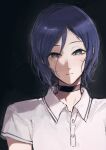  1girl black_background black_choker black_hair buttons chainsaw_man choker closed_mouth collared_shirt commentary dodo_(dodobo) english_commentary green_eyes hair_between_eyes highres looking_at_viewer reze_(chainsaw_man) shirt short_hair short_sleeves simple_background solo white_shirt 