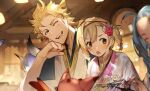  1boy 2girls ahoge blonde_hair blue_eyes blue_hair blush braid brown_eyes closed_eyes commentary_request djeeta_(granblue_fantasy) flower granblue_fantasy hair_flower hair_ornament hand_on_own_chin japanese_clothes kimono lyria_(granblue_fantasy) multiple_girls natsuko_(summer_525528) one_eye_closed open_mouth seofon_(granblue_fantasy) short_hair smile twin_braids vyrn_(granblue_fantasy) yukata 