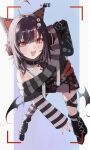  1girl :d absurdres ahoge animal_ear_headphones animal_ears arm_belt asymmetrical_legwear asymmetrical_sleeves bare_shoulders bat_wings belt black_choker black_hair black_nails black_shoes black_sweater cat_ear_headphones cat_ears choker commentary_request cross-laced_clothes cross-laced_dress dress eyeball_hair_ornament fake_animal_ears full_body gradient_background hand_on_own_hip headphones highres korotea layered_dress leaning_forward leg_belt letterboxed long_sleeves looking_at_viewer loose_socks mahou_shoujo_no_majo_saiban multicolored_hair nail_polish off-shoulder_sweater off_shoulder open_mouth orange_eyes orange_nails orange_streaks recording sawatari_coco sharp_teeth shirt shoes short_hair simple_background single_thighhigh skirt skull slit_pupils smile socks solo streaked_hair striped_clothes striped_sleeves striped_thighhighs stuffed_animal stuffed_cat stuffed_toy sweater teeth thighhighs viewfinder white_shirt white_skirt wings 