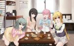  4girls :d ^_^ all_fours aqua_eyes aqua_hair arihara_nanami barefoot bed belt blonde_hair blue_jacket bow braid breasts brown_sweater buttons cake cake_slice calendar_(object) casual character_print chinese_commentary cleavage closed_eyes collared_jacket commentary_request cropped_jacket cup dress eyes_visible_through_hair feeding_viewer feet food fork full_body green_shirt grey_shorts hair_between_eyes hair_bow hair_ornament hairclip highres holding holding_food holding_fork holding_plate holding_teapot indoors jacket large_breasts letterman_jacket long_hair long_sleeves looking_at_another looking_at_viewer mitsukasa_ayase multiple_girls nijouin_hazuki official_alternate_costume official_alternate_hairstyle on_floor open_clothes open_jacket open_mouth open_shirt parallel_hairclips partially_unzipped pink_hair pink_skirt plate pleated_dress pom_pom_(clothes) pom_pom_hair_ornament ponytail pouring purple_eyes qumai79 red_eyes ribbed_sweater riddle_joker seiza shikibe_mayu shirt shorts side_braid sidelocks sitting skirt smile soles straight_hair striped_clothes striped_shirt sweater swiss_roll table tea teacup teapot toes turtleneck turtleneck_sweater vertical-striped_clothes vertical-striped_shirt very_long_hair white_belt white_shirt window yellow_bow yellow_dress 