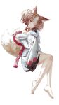  1542_700 1girl :3 absurdres animal_ear_fluff animal_ears barefoot bell black_gloves blunt_bangs blush brown_hair choker closed_mouth commentary english_commentary feet fox_ears fox_girl fox_tail from_side full_body fur-trimmed_kimono fur_trim gloves hair_ornament hands_up highres interlocked_fingers japanese_clothes jingle_bell kimono kitsune knees_together_feet_apart long_hair long_sleeves looking_at_viewer multicolored_hair multiple_tails neck_bell own_hands_together red_choker red_eyes rope sekka_(shadowverse) shadowverse shimenawa simple_background sitting smile soles solo streaked_hair tail tassel tassel_hair_ornament two_tails white_background white_kimono white_streaks wide_sleeves 