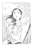  1girl :o anata_dake_no_jinsei_wo_dou_ikiru_ka arai_youjirou border chain-link_fence character_request collared_shirt commentary_request dress_shirt falling_leaves fence floating_hair greyscale hair_behind_ear hair_ornament hairclip hands_up highres leaf light_blush long_sleeves looking_afar medium_hair monochrome neck_ribbon nostrils open_mouth outdoors parted_bangs ribbon school_uniform shirt side_part sky solo upper_body white_border wind wing_collar 