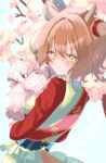  1girl animal_ears aston_machan_(flare)_(umamusume) aston_machan_(umamusume) black_bow black_bowtie blush bow bowtie breasts brown_hair cherry_blossoms closed_mouth commentary crown disney_o626 green_eyes highres horse_ears horse_girl horse_tail jacket large_breasts long_sleeves mini_crown outdoors red_sash red_scrunchie red_sleeves sash scrunchie shirt shoulder_sash skirt sky smile solo tail tilted_headwear umamusume untranslatable_commentary white_jacket white_skirt 