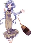  barefoot biwa_lute bow chain dress full_body hair_bow highres instrument lavender_eyes lavender_hair long_dress long_hair low_twintails lute_(instrument) see-through see-through_sleeves solo touhou tsukumo_benben twintails uranaishi_(miraura) white_background 