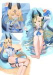  1girl absurdres arknights bikini bikini_under_clothes black_bikini blonde_hair blue_bow blue_neckerchief blush bow breasts closed_eyes commentary_request crossed_fingers dragon_girl dragon_horns dragon_tail fire flame-tipped_tail green_eyes highres horns looking_at_viewer maeda_no_kenzi multiple_views neckerchief official_alternate_costume reed_(arknights) reed_the_flame_shadow_(arknights) reed_the_flame_shadow_(summer_flower)_(arknights) shirt swimsuit tail tail_bow tail_ornament thighs water wet white_shirt 