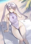  1girl absurdres alternate_costume arm_support beach blurry blurry_foreground breasts chest_jewel closed_mouth commentary covered_navel day fang gem grey_hair hand_jewel hand_up highleg highleg_one-piece_swimsuit highres hololive hololive_english jewel_under_eye koseki_bijou long_hair looking_at_viewer nurizza_ilst one-piece_swimsuit outdoors purple_eyes purple_gem purple_one-piece_swimsuit sitting skin_fang small_breasts smile solo swept_bangs swimsuit twintails untranslatable_commentary very_long_hair virtual_youtuber 