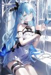  1girl absurdres animal_on_shoulder bare_shoulders belt belt_collar bird bird_on_shoulder blue_butterfly blue_eyes blue_hair blush bound bound_wrists breasts bug butterfly cleavage collar collarbone commentary dress hair_intakes hair_ornament hair_ribbon hairclip haruhiruri highres key long_hair looking_at_viewer medium_breasts off-shoulder_dress off_shoulder original parted_lips ribbon sidelocks sitting sitting_on_stairs solo stairs thigh_belt thigh_strap thighs very_long_hair water white_dress x_hair_ornament 