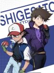  2boys aihara-rina ash_ketchum baseball_cap belt black_gloves black_hair black_shirt blue_jacket blue_pants brown_hair chinese_commentary closed_mouth commentary_request denim feet_out_of_frame fingerless_gloves gary_oak gloves green_gloves hair_between_eyes hand_in_pocket hat highres holding holding_poke_ball jacket jeans looking_at_viewer male_focus multiple_boys open_clothes open_jacket pants poke_ball poke_ball_(basic) pokemon pokemon_(anime) pokemon_(classic_anime) purple_jacket purple_shirt red_hat serious shirt short_hair short_sleeves smile 