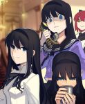  2girls apron asagami_private_girls_acadamy_uniform black_hair black_kimono blue_bow blue_eyes blue_sailor_collar blue_skirt boa_(brianoa) bow breasts brown_eyes cup drinking grey_shirt hair_bow hairband highres japanese_clothes kimono kohaku_(tsukihime) long_hair long_sleeves looking_at_viewer multiple_girls multiple_views neck_ribbon neckerchief phone red_hair ribbon sailor_collar shirt short_hair skirt small_breasts smile tohno_akiha tsukihime tsukihime_(remake) white_apron white_shirt 