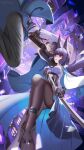  1boy 1girl animal_ears asaba_harumasa black_gloves black_hair black_leggings breasts cape city city_lights commentary fox_ears fox_girl gloves highres holding holding_sword holding_weapon hoshimi_miyabi katana leggings long_hair looking_at_another nearreya pantyhose red_eyes skirt sword very_long_hair weapon yellow_eyes zenless_zone_zero 