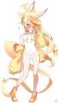  1girl absurdres animal_ear_fluff animal_ears ass_visible_through_thighs blonde_hair blue_archive blush boots breasts commentary covered_navel cross_halo extra_ears feet fox_ears fox_girl fox_tail full_body groin halo highleg highleg_one-piece_swimsuit highres jacket legs long_hair machin4719 off_shoulder one-piece_swimsuit open_clothes open_jacket orange-tinted_eyewear seia_(blue_archive) seia_(swimsuit)_(blue_archive) side_ponytail small_breasts solo standing sunglasses swimsuit tail thighs tinted_eyewear toes visor_cap white_one-piece_swimsuit yellow_eyes yellow_halo yellow_jacket yellow_visor_cap 