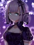  1girl aqua_eyes arms_at_sides backlighting black_dress blunt_bangs breasts cleavage cleavage_cutout closed_mouth clothing_cutout commentary_request double_bun dress e69465 expressionless floral_print floral_print_dress glasses hair_bun hair_ornament heaven_burns_red highres higuchi_seika higuchi_seika_(exploration_of_the_universe_dazzle_of_the_stars) light_particles looking_ahead medium_breasts medium_hair official_alternate_costume print_dress purple_background sidelocks simple_background solo tassel tassel_hair_ornament upper_body 