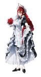  1girl ahoge black_dress black_shoes blue_fire bouquet breasts closed_mouth commentary dress elizabeth_rose_bloodflame english_commentary fire fire_on_chest flower frilled_dress frills full_body hat highres holding holding_bouquet holding_own_dress hololive hololive_english huge_ahoge large_breasts long_hair looking_at_viewer maid meltyrice mob_cap pantyhose red_eyes red_hair rose shoes sidelocks simple_background single_hair_intake smile solo very_long_hair virtual_youtuber white_background white_dress white_pantyhose 