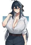  1girl antenna_hair belt black_bra black_hair black_pants black_ribbon blush bra bra_visible_through_clothes breasts brown_eyes cleavage closed_mouth collarbone commentary_request denim hair_between_eyes hair_ribbon hamutz_meseta hand_in_own_hair harutoyumaarts highres huge_breasts jeans long_hair looking_at_viewer open_clothes open_shirt pants ribbon see-through_clothes shirt shirt_tucked_in sidelocks signature simple_background sleeves_rolled_up smile solo tatakau_shisho underwear very_long_hair white_background white_shirt 