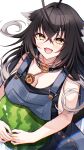  1girl :d absurdres ahoge animal_ear_fluff animal_ears bell black_collar black_hair blue_overalls breasts collar fang food fruit hasumi_(hasubatake39) highres holding holding_food holding_fruit huge_ahoge jingle_bell large_breasts long_hair multicolored_hair neck_bell original overalls setsuna_(hasumi_(hasubatake39)) smile solo streaked_hair watermelon yellow_eyes yellow_nails 