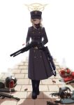  4girls absurdres black_coat black_gloves black_hair black_hat blonde_hair blue_archive breasts buttons closed_mouth coat commentary double-breasted eyepatch gloves green_eyes gun halo hat helmet helmet_gang_officer_(blue_archive) helmet_gangster_(blue_archive) highres large_breasts long_hair looking_at_viewer mask medium_hair mossberg_500 motorcycle_helmet mouth_mask multiple_girls overcoat peaked_cap pump_action shotgun shudwho solo sukeban_(smg)_(blue_archive) suou_(blue_archive) tile_floor tiles untranslatable_commentary weapon x_mark 