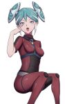  1girl akanbe aqua_eyes aqua_hair bodysuit commentary_request eyelashes eyelid_pull finger_to_face hair_bun hair_ornament haniwa_(amesi_su) highres inazuma_eleven inazuma_eleven_(series) looking_at_viewer maquia multicolored_hair pointy_ears red_bodysuit short_sleeves sidelocks sitting solo tongue tongue_out two-tone_hair white_background white_hair 