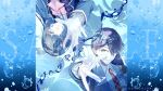  1boy 1girl bandaged_hand bandages black_jacket blue_eyes blue_theme bow bowtie closed_mouth collared_shirt commentary company_name copyright_name copyright_notice green_eyes jacket kenmochi_touya kenmochi_touya_(1st_costume) lapels long_hair long_sleeves looking_at_viewer necktie nijisanji official_art purple_hair reaching reaching_towards_viewer red_necktie sample_watermark school_uniform shirt short_hair smile tsukino_mito tsukino_mito_(1st_costume) underwater upside-down virtual_youtuber watermark white_shirt yonemuro 