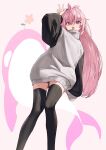  1girl antenna_hair arm_up black_sleeves black_thighhighs borrowed_character commentary dress feet_out_of_frame flower from_below hair_between_eyes highres long_hair looking_at_viewer massiveyog multicolored_sweater mumble_(shachimu) open_mouth orca original oversized_clothes oversized_sweater pink_eyes pink_flower pink_hair signature simple_background sleeves_past_wrists solo standing sweater sweater_dress teeth thighhighs turtleneck turtleneck_sweater two-tone_sweater upper_teeth_only w white_background 