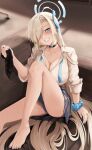  1girl absurdres asuna_(blue_archive) bare_legs black_choker blonde_hair blue_archive blue_eyes blue_halo blue_nails blue_panties blue_skirt bow bowtie breasts brown_background choker cleavage collarbone collared_shirt commentary_request feet hair_over_one_eye halo hand_up highres huge_breasts knee_up legs long_hair long_sleeves looking_at_viewer miniskirt mole mole_on_breast nail_polish nisemono_(46shin96) one_eye_covered panties partially_unbuttoned pleated_skirt scrunchie shirt sitting skirt socks solo teeth toenail_polish toenails toes underwear undone_bowtie unworn_socks very_long_hair wrist_scrunchie 