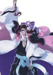  1boy 1girl abs absurdres arm_up arms_around_neck beard_stubble black_hakama bleach bleach:_sennen_kessen-hen blunt_bangs brown_eyes brown_hair cheekbones chest_hair commentary drill_hair dual_wielding english_commentary eyepatch facial_hair green_eyes hair_slicked_back hakama haori highres holding holding_above_head holding_sword holding_weapon japanese_clothes katen_kyoukotsu katen_kyoukotsu_(shikai) kyouraku_shunsui mature_male outstretched_arm parted_lips pectoral_cleavage pectorals purple_hair purple_lips shihakusho skull_and_crossbones sonzhondaya stubble sword sword_tassel taichou_haori tassel tsuba_(guard) twin_drills weapon weapon_tassel wide_sleeves 