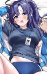  1girl absurdres black_halo blue_archive blue_buruma breasts buruma cheenosuke commentary_request gym_shirt gym_uniform halo highres holding_hands id_card jacket jacket_partially_removed lanyard long_hair looking_at_viewer lying mechanical_halo millennium_science_school_logo official_alternate_costume on_back open_mouth pov purple_eyes purple_hair shirt star_(symbol) star_sticker sticker sticker_on_face track_jacket yuuka_(blue_archive) yuuka_(track)_(blue_archive) 
