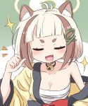  1girl :d animal_ear_fluff animal_ears antenna_hair arata_(blue_archive) bell black_choker blue_archive blush breasts brown_hair choker cleavage closed_eyes commentary_request fang green_background guriin halo hand_up highres jacket japanese_clothes jingle_bell kimono long_sleeves medium_breasts multicolored_hair neck_bell notice_lines off_shoulder open_clothes open_jacket sarashi short_eyebrows short_hair smile solo sparkle thick_eyebrows two-tone_background two-tone_hair upper_body v-shaped_eyebrows white_background wide_sleeves yellow_kimono 