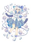  1girl alternate_color alternate_eye_color alternate_hair_color blue_bow blue_hair boots bow buttons colored_inner_hair commentary_request diamond_button disembodied_linked_eye eyeball floral_print flower frilled_shirt_collar frilled_sleeves frills full_body green_skirt hat hat_bow heart heart_of_string highres komeiji_koishi komeiji_koishi_(spontaneous_white_beauty) looking_at_viewer multicolored_hair print_skirt rose rose_print shirt silverrain simple_background skirt sleeves_past_fingers sleeves_past_wrists solo touhou touhou_lostword white_background white_boots white_flower white_rose white_shirt wide_sleeves 