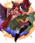  1girl arm_cannon atom bird_wings black_thighhighs blush bow brown_hair brown_wings cape chest_eye chinese_commentary collared_shirt commentary_request control_rod_(touhou) feathered_wings full_body green_bow green_skirt hair_bow highres long_hair looking_at_viewer open_mouth print_cape puffy_short_sleeves puffy_sleeves red_eyes reiuji_utsuho shirt short_sleeves shouxishao_jiuyuan skirt solo starry_sky_print thighhighs third_eye touhou two-sided_cape two-sided_fabric weapon white_cape white_shirt wings 