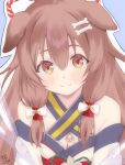  1girl :3 animal_ears blue_background blue_trim bone_hair_ornament bow brown_eyes brown_hair close-up closed_mouth commentary_request criss-cross_straps crossed_bangs detached_sleeves dog_ears dog_girl double-parted_bangs frilled_kimono frills hair_between_eyes hair_bow hair_intakes hair_ornament hair_tubes highres hololive inugami_korone inugami_korone_(new_year) japanese_clothes kimono kouhaku_nawa light_blush long_hair looking_at_viewer low-tied_sidelocks obi outline paw_ornament red_sash rope s_sequentia sash shimenawa sidelocks simple_background smile solo virtual_youtuber white_bow white_kimono white_outline 