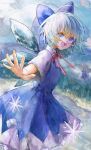  2girls aqua_hair blue_dress blue_eyes cirno collared_shirt commentary_request daiyousei detached_wings dress fingernails green_hair hair_between_eyes highres ice ice_cube ice_wings looking_at_viewer multiple_girls neck_ribbon open_hand open_mouth outdoors outstretched_arm red_ribbon ribbon shirt short_hair smile solo_focus tadugane touhou white_shirt wide_sleeves wings 