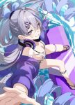  1girl absurdres bikini black_bikini blue_nails breasts camisole cleavage commentary drill_hair english_commentary grey_eyes grey_hair headphones headphones_around_neck highres honkai:_star_rail honkai_(series) jacket looking_at_viewer medium_breasts o-ring purple_jacket silver_wolf_(honkai:_star_rail) sirina smile solo surfboard surfing swimsuit thigh_strap twin_drills water white_camisole 