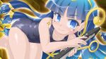  1girl barefoot blue_eyes blue_hair blue_one-piece_swimsuit collarbone commentary_request earrings electric_wind_instrument facial_mark fingernails gold_background gold_earrings gold_headdress holding holding_instrument instrument jewelry key_earrings light_blush long_hair michigami_nareko one-piece_swimsuit scepter school_swimsuit shiny_skin sideways_glance smile solo staff swimsuit thighs touhou triangle triangle_facial_mark winn 