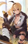  ahoge animal_print arm_on_own_leg belt black_boots black_choker black_eyeliner black_eyeshadow black_gloves black_jacket blonde_hair boots bra bra_peek breasts brown_streaks cellphone chair choker cleavage collared_shirt commentary crop_top cross cross_necklace crossed_bangs desk double-parted_bangs eel_girl eel_tail english_commentary eyeliner eyeshadow feet_on_chair fingernails front-tie_top fur-trimmed_jacket fur_trim gloves graffiti grin gyaru hair_between_eyes hair_intakes hand_up highres holding holding_phone indie_virtual_youtuber indoors jacket jewelry juna_unagi knee_strap large_breasts leopard_print leopard_print_bra lightning_ahoge looking_at_viewer makeup multicolored_hair multiple_rings nail_polish necklace necktie on_desk open_clothes open_jacket padoruu pantyhose phone plaid_clothes plaid_skirt ponytail print_bra ring shirt single_glove single_leg_pantyhose sitting skirt smartphone smile streaked_hair studded_choker studs teeth thigh_belt thigh_strap torn_clothes torn_pantyhose two-tone_hair underwear undone_necktie virtual_youtuber yellow_eyes yellow_nails 
