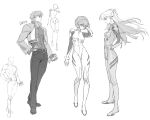  1boy 2girls absurdres ayanami_rei belt belt_buckle bodysuit breasts buckle crossover english_text fatal_fury fingerless_gloves full_body gloves greyscale hand_on_own_hip hand_up hands_in_own_hair hands_on_own_hips headgear highres interface_headset_(evangelion) jacket long_hair long_sleeves mecha_pilot_suit monochrome multiple_girls muscular muscular_male neon_genesis_evangelion open_clothes open_jacket pants plugsuit_(evangelion) rock_howard shirt shoes short_hair sketch souryuu_asuka_langley standing twintails vest white_background yiguan_li 