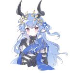  1girl animal_ears arknights artist_request black_horns black_shirt blue_hair blue_sash chinese_commentary commentary_request commission cow_ears cow_horns cropped_torso crown cynisca_(arknights) hair_rings highres horns infection_monitor_(arknights) jacket laurel_crown long_hair looking_at_viewer one_side_up parted_lips pink_eyes sash second-party_source shirt short_sleeves single_hair_ring solo turtleneck turtleneck_shirt white_jacket yellow_crown 