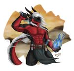  abs anthro clothing dognextdoor dragon ear_piercing fire horn loincloth looking_at_viewer magic male melee_weapon navel outside piercing solo standing sword weapon 